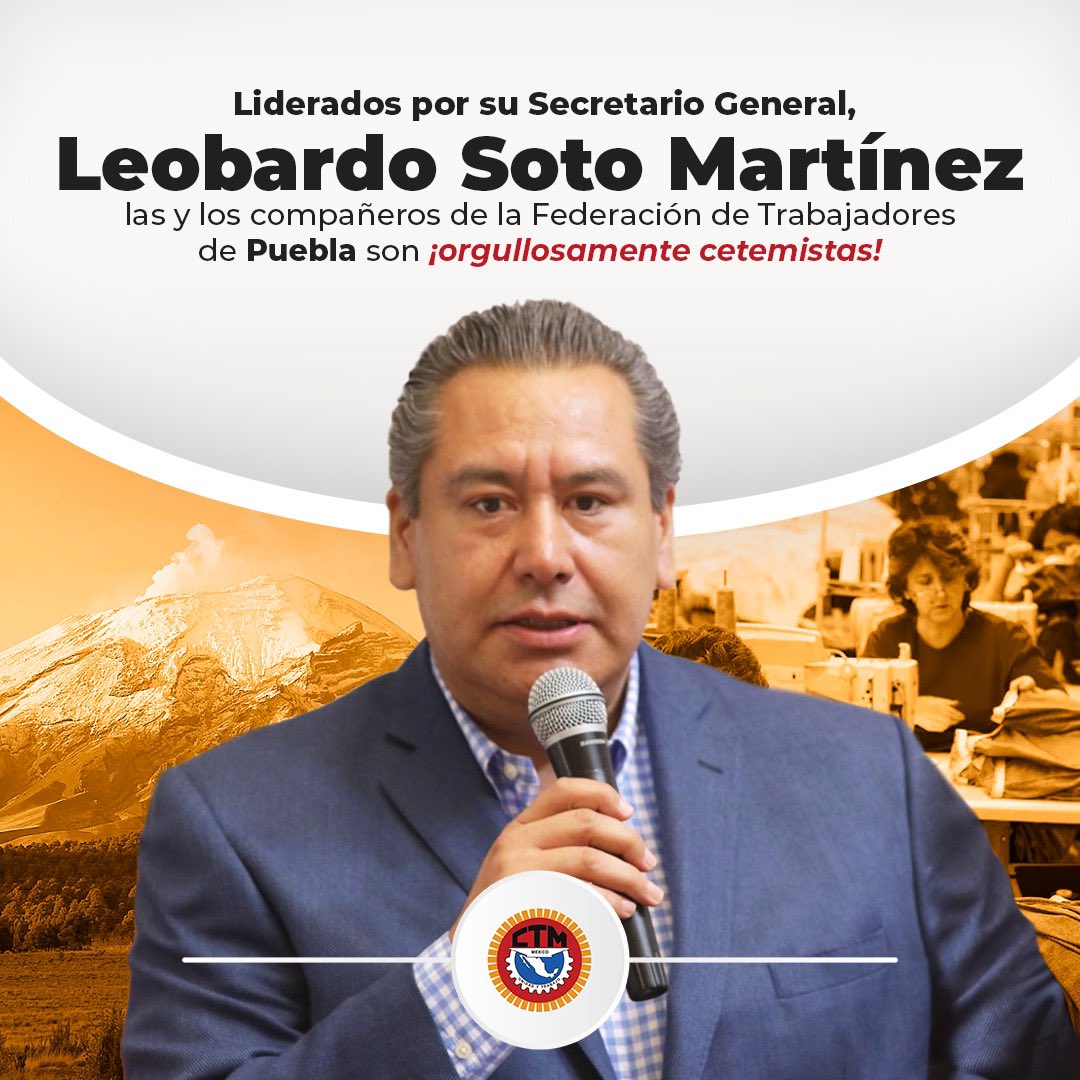 Liderados por su Secretario General, <a href="/LeobardoSoto/">Leobardo Soto</a>, las y los compañeros de la Federación de Trabajadores de la <a href="/CTMPuebla/">CTM_FTPuebla</a> son ¡orgullosamente cetemistas! 💪 

Les mandamos un fuerte abrazo.