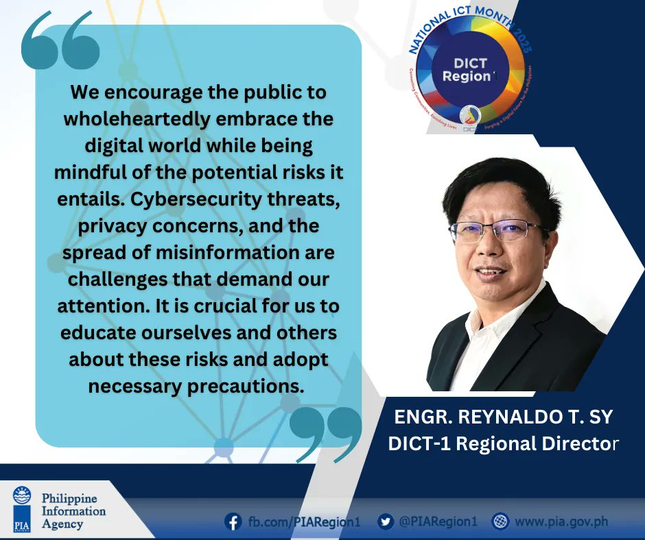 PIAregion1's tweet image. READ: Statement of Department of Information and Communications Technology (DICT) Regional Director Engr. Reynaldo T. SY on the celebration of the National Information and Communication Technology Month and DICT 7th year anniversary.

#ICTmonth