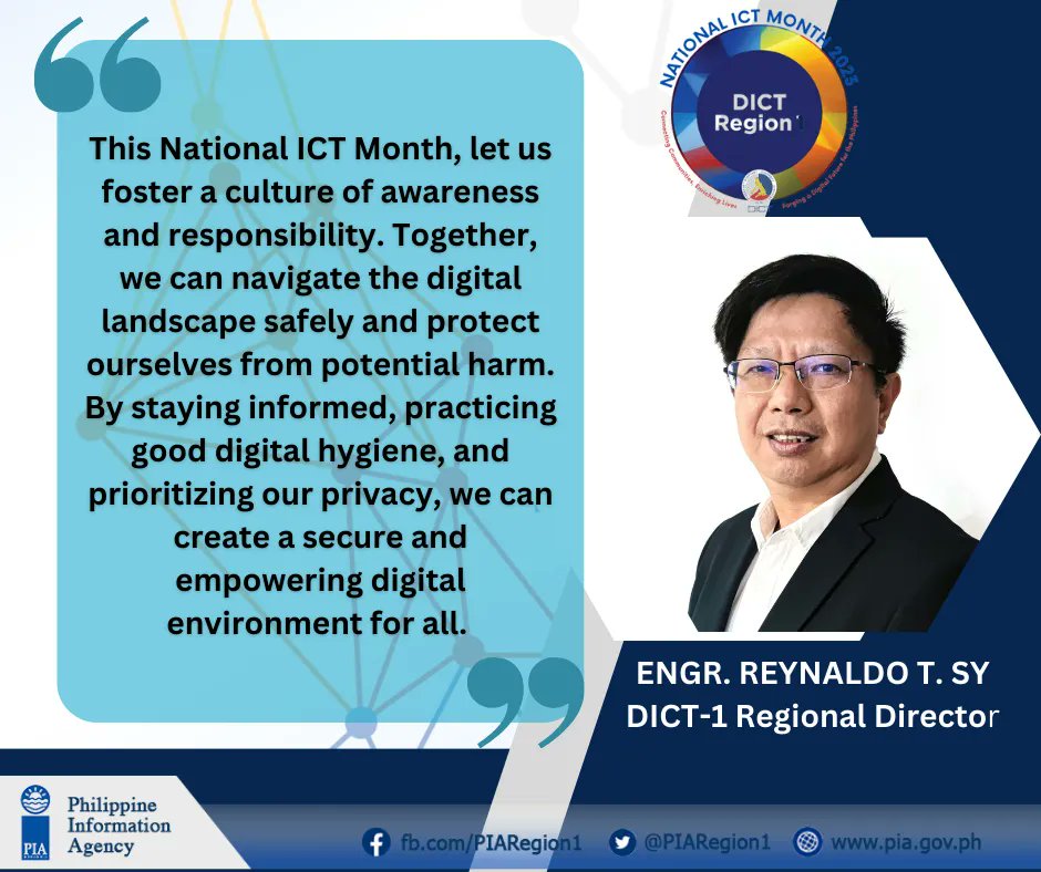 PIAregion1's tweet image. READ: Statement of Department of Information and Communications Technology (DICT) Regional Director Engr. Reynaldo T. SY on the celebration of the National Information and Communication Technology Month and DICT 7th year anniversary.

#ICTmonth