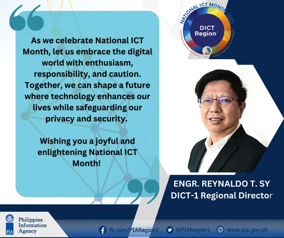 PIAregion1's tweet image. READ: Statement of Department of Information and Communications Technology (DICT) Regional Director Engr. Reynaldo T. SY on the celebration of the National Information and Communication Technology Month and DICT 7th year anniversary.

#ICTmonth