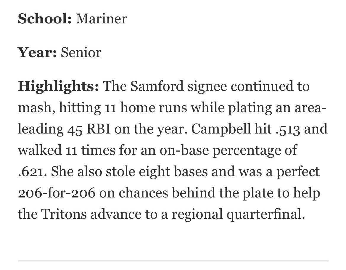 What a year! Thankful to be named to the All-Area First Team with some other great athletes! Finish up my last summer with @RockGoldManetta then off to @SamfordSB @gillespie_jeff @coachtjdixon @CassadyKimball