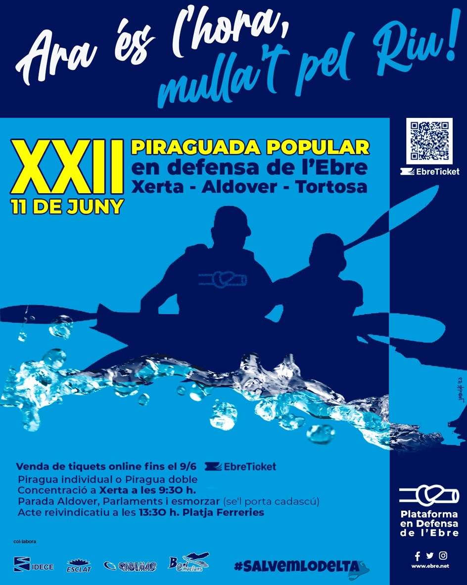 PDE's tweet photo. 💙🚣 MOBILITZA'T PEL RIU🚣💙
Diumenge 11 de juny: Piraguada en defensa de l'Ebre.

⚠️ Menys aigua per al riu, més aigua per a l'especulació?
 🌾 No permetrem que el Delta siga un nou Doñana, vine a remar pel futur del territori!

➡️Apunta-t'hi:
https://t.co/r9GryZH1er https://t.co/H67EGWNV51