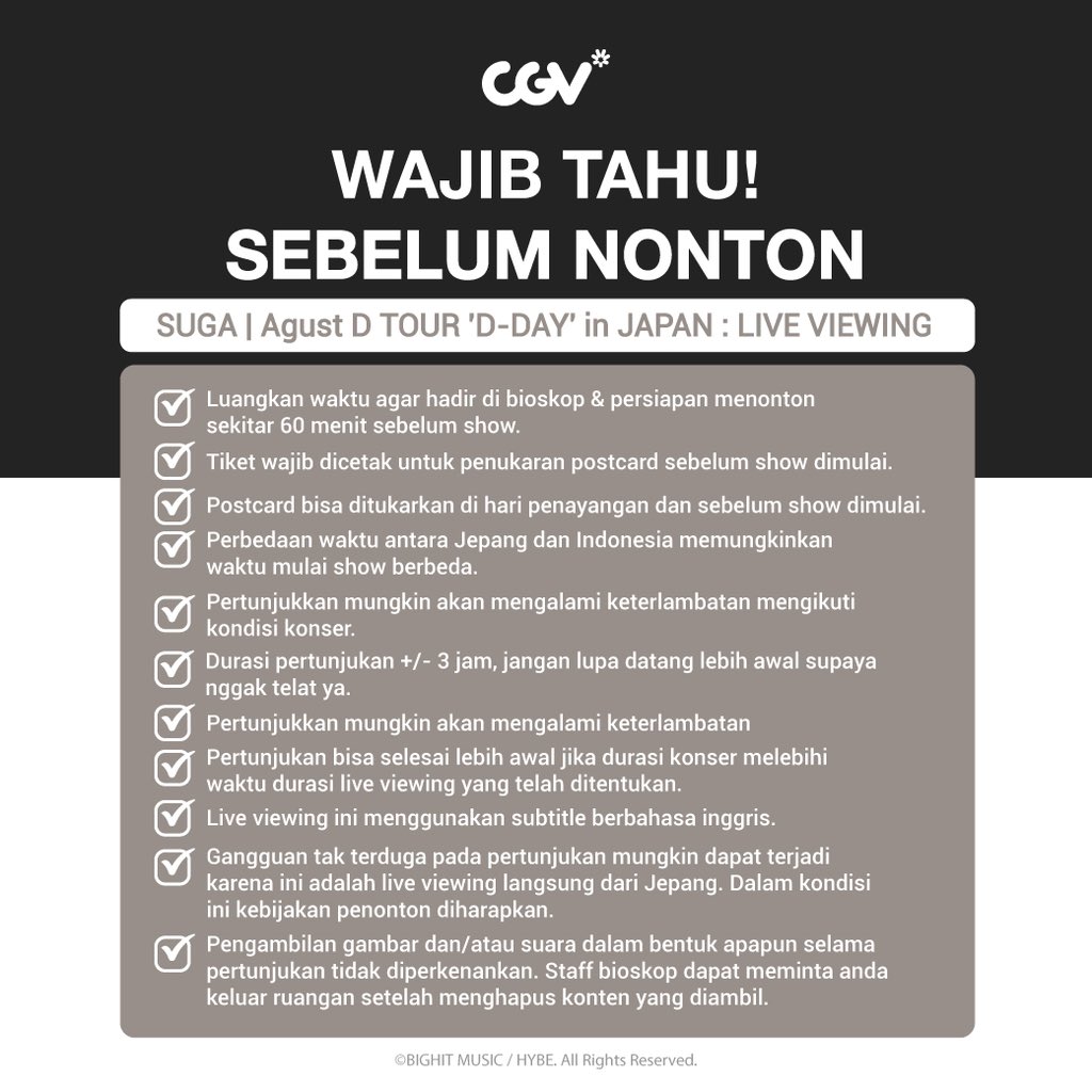 Besok! Udah siap buat SUGA | Agust D TOUR ‘D-DAY’ in JAPAN? Sebelum nonton cek info pentingnya di sini ya. 

Yang belum dapet tiketnya, pesan sekarang di cgv.id/links

#SemuaSerudiCGV