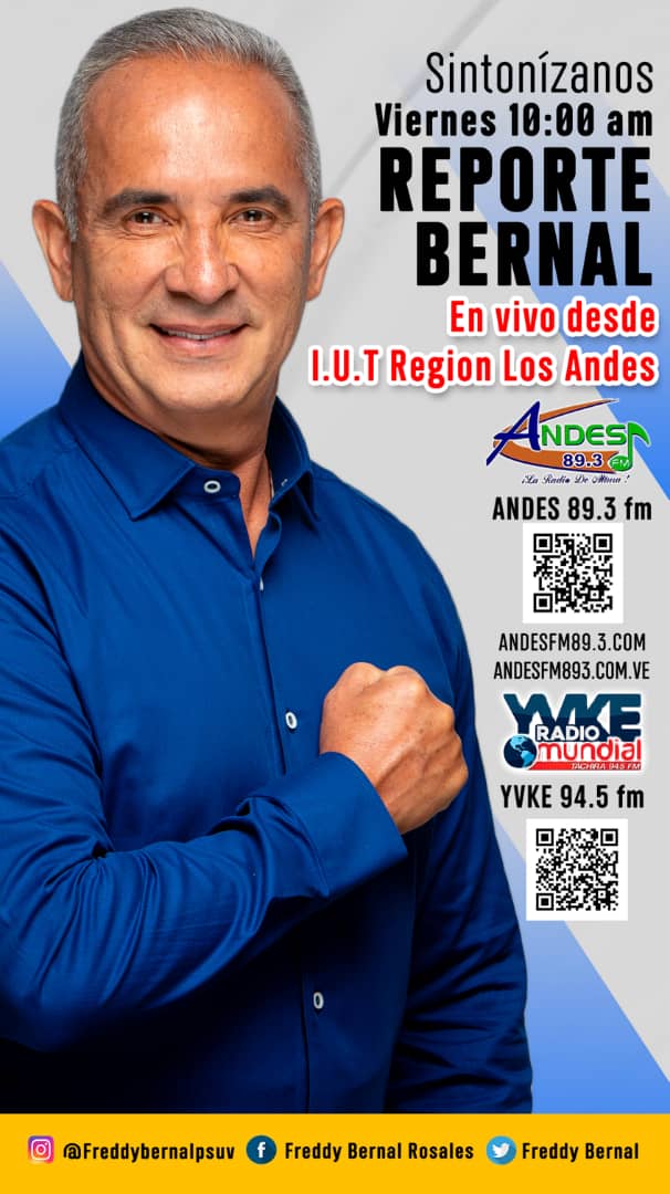 No te lo pierdas #ReporteBernal141, en vivo desde #IUT región Los Andes  con el afrodescendiente de la comunicación <a href="/arguelloyepfri/">Yepfri Arguello</a>

El Táchira sigue avanzando con <a href="/FreddyBernal/">Freddy Bernal</a>

<a href="/MinAlimenVen/">minalimentacion_ve</a>
<a href="/MartaGalloVzla/">Marta Gallo</a>
<a href="/Gob_Tachira/">Gobernación del estado Táchira</a>
<a href="/Psuv_cardenas/">Psuvcardenas</a>
<a href="/PSUVTachira/">PSUV Táchira</a>

#SoyComunicadorClap