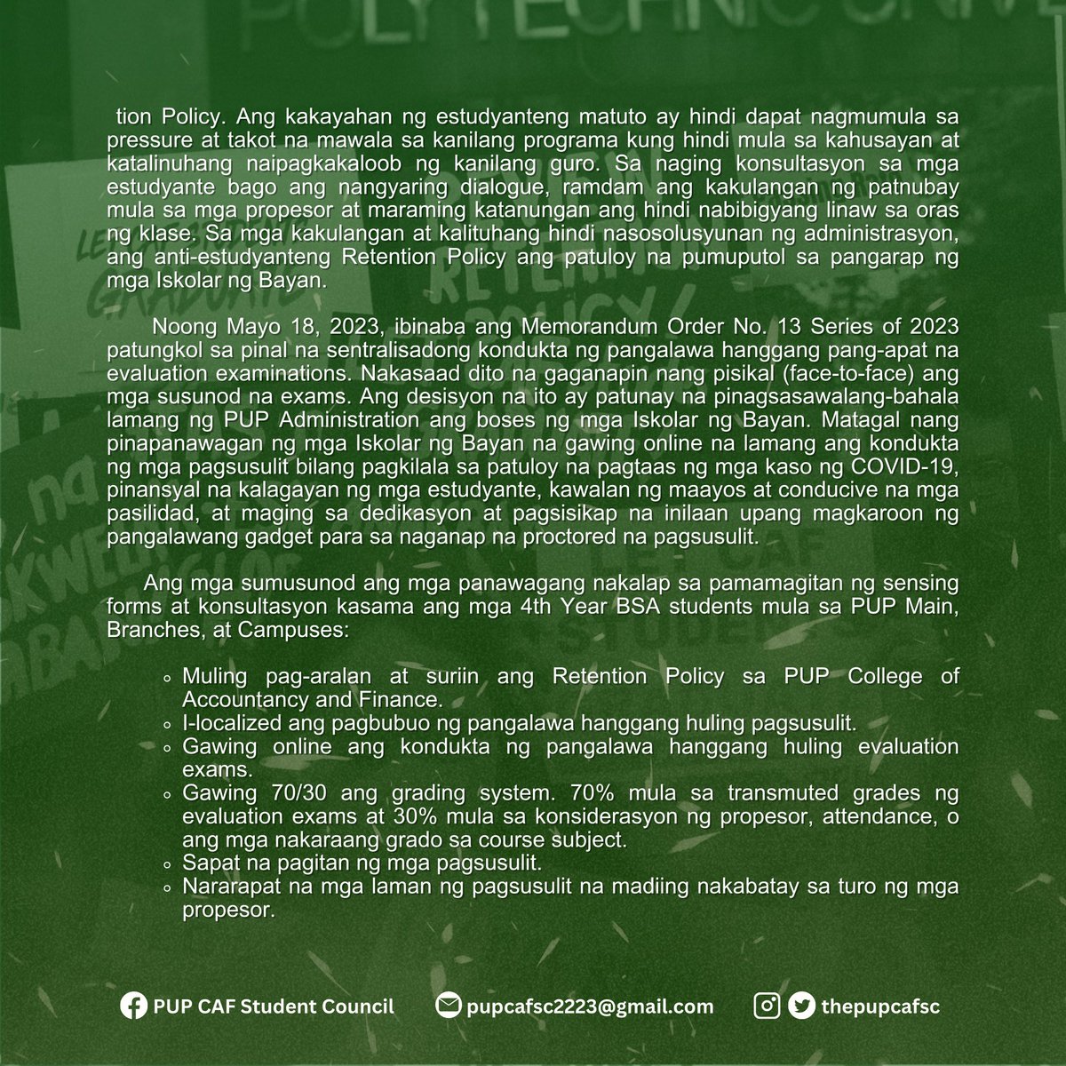 thepupcafsc's tweet photo. NAGKAKAISANG PAHAYAG NG KOMUNIDAD NG COLLEGE OF ACCOUNTANCY AND FINANCE AT PUP SYSTEM HINGGIL SA EVALUATION EXAMS NG 4TH YEAR BSA STUDENTS
#LetTheStudentsGraduate
#LetTheBranchesAndCampusesDecide
#ReviewRetentionPolicy
#PUPBudgetIncrease
#PUPHeedOurCalls https://t.co/IGj6P58iHs