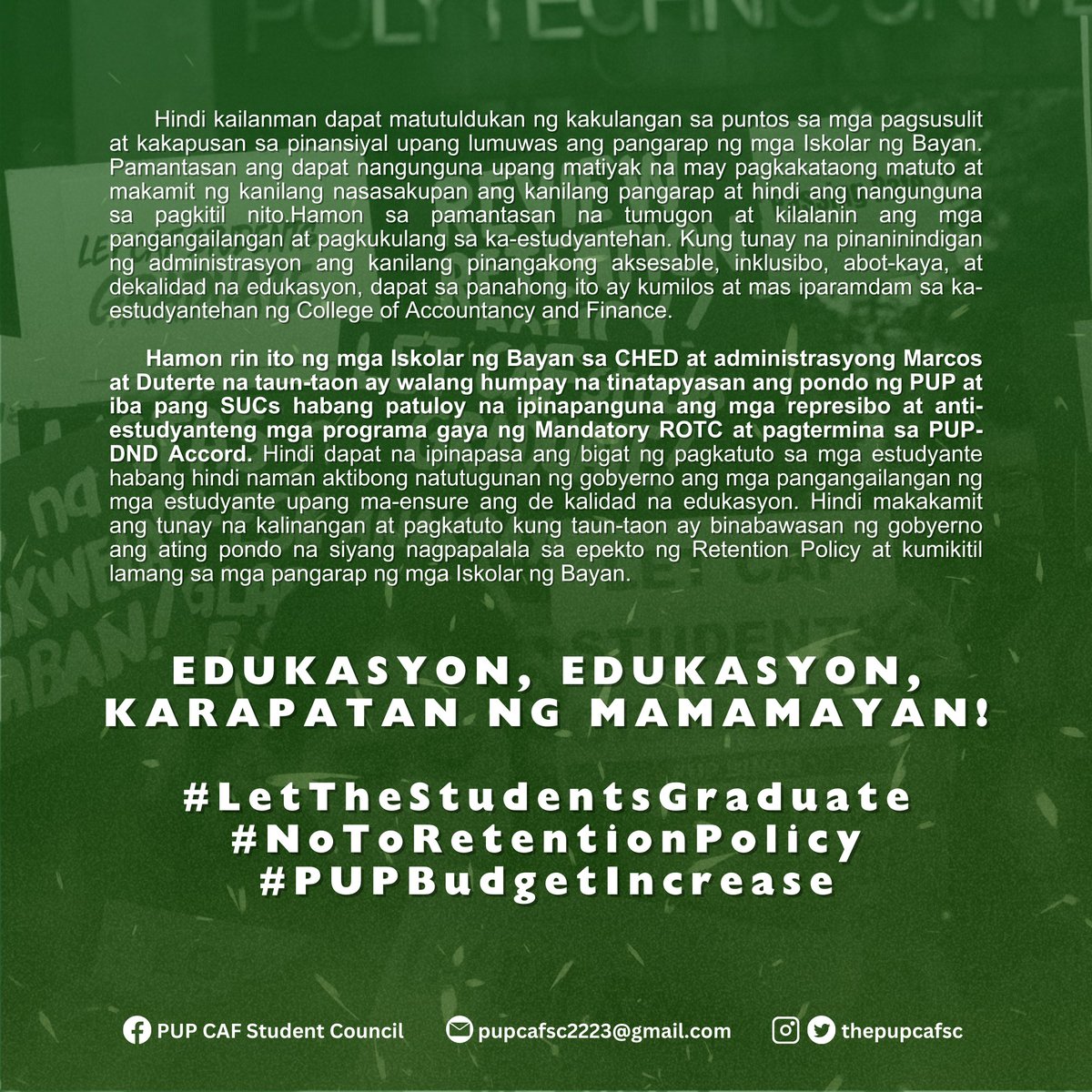 thepupcafsc's tweet photo. NAGKAKAISANG PAHAYAG NG KOMUNIDAD NG COLLEGE OF ACCOUNTANCY AND FINANCE AT PUP SYSTEM HINGGIL SA EVALUATION EXAMS NG 4TH YEAR BSA STUDENTS
#LetTheStudentsGraduate
#LetTheBranchesAndCampusesDecide
#ReviewRetentionPolicy
#PUPBudgetIncrease
#PUPHeedOurCalls https://t.co/IGj6P58iHs
