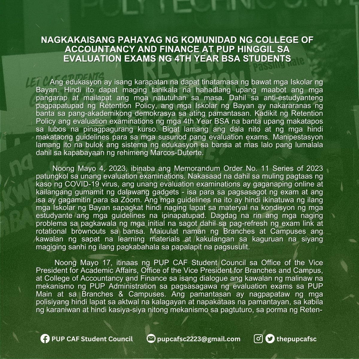 thepupcafsc's tweet photo. NAGKAKAISANG PAHAYAG NG KOMUNIDAD NG COLLEGE OF ACCOUNTANCY AND FINANCE AT PUP SYSTEM HINGGIL SA EVALUATION EXAMS NG 4TH YEAR BSA STUDENTS
#LetTheStudentsGraduate
#LetTheBranchesAndCampusesDecide
#ReviewRetentionPolicy
#PUPBudgetIncrease
#PUPHeedOurCalls https://t.co/IGj6P58iHs