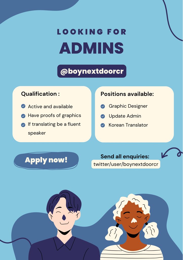 [📢RECRUITING ADMIN]
 We're on the lookout for active admin volunteers to join our team and help manage this account. If you're interested, kindly send us a DM.

Positions:
▪︎ Graphic Designer
▪︎ Update Admin
▪︎ Korean Translation