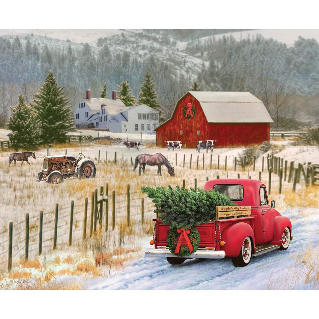 #Christmas #Memories #CountryChristmas  #countrylife #countryside #FabricPanel #vintagestyle #RedTruck #Vintage Etsy buff.ly/43DPO4i