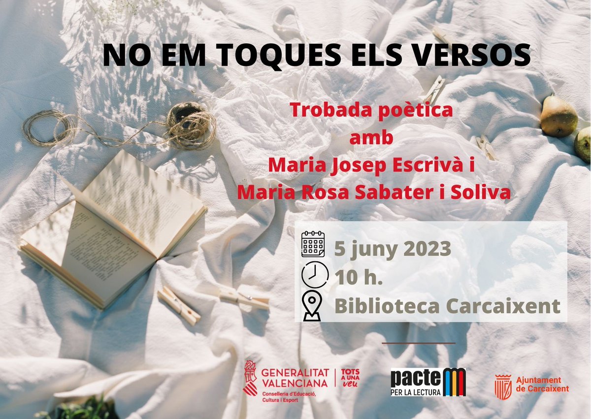 Desitjant escoltar els versos de Maria Josep Escrivà i Maria Rosa Sabater i Soliva a la <a href="/BibloCarcaixent/">Biblioteca Carcaixent</a> en companyia de l'alumnat de 4t d'ESO <a href="/MjEscriva/">Maria Josep Escrivà</a> <a href="/GVALlegim/">Llegim Llegim Llegim</a> <a href="/AjCarcaixent/">Aj. de Carcaixent</a> <a href="/csapcarcaixent/">Col.legi San Antonio de Padua - Carcaixent</a> #NoEmToquesElsVersos #Poesia 📖✍️👇