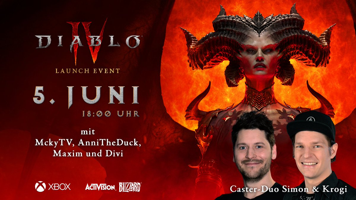 [Werbung] Am Montag haben wir @mcky_tv, @AnniTheDuck, @maximmarkow und @ThisDivi zu Gast, um bei uns das neue #DiabloIV zu zocken! Unser Caster-Duo @Bimon und @TheKrogmann begleiten euch durch den @Diablo_DE-Abend.