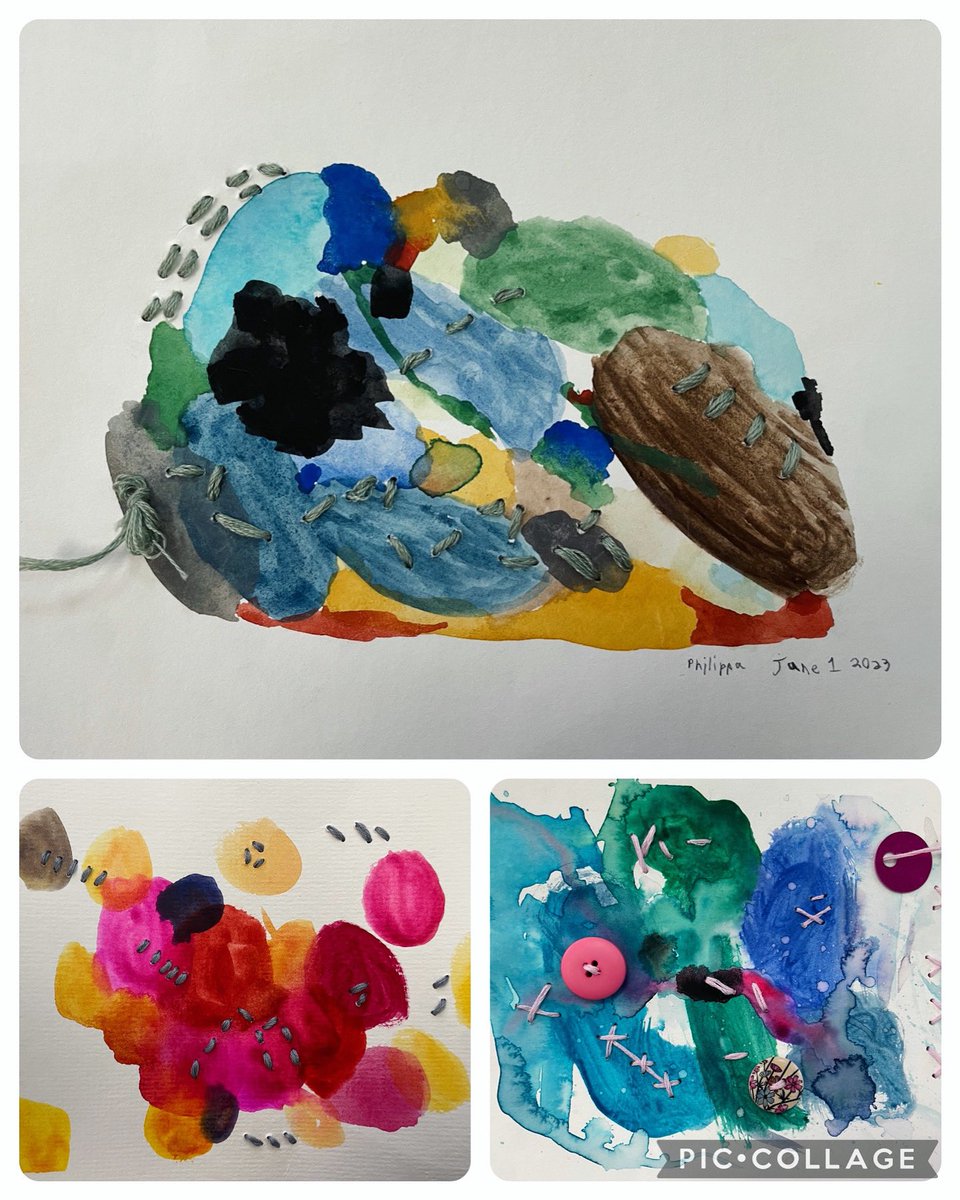 Grade 4 students finished these beautiful abstract watercolour and paper stitching paintings today! They loved hand stitching their work!! #fosteringcreativityinchildren #paperstitchingart #LearyIAT #sd33learns