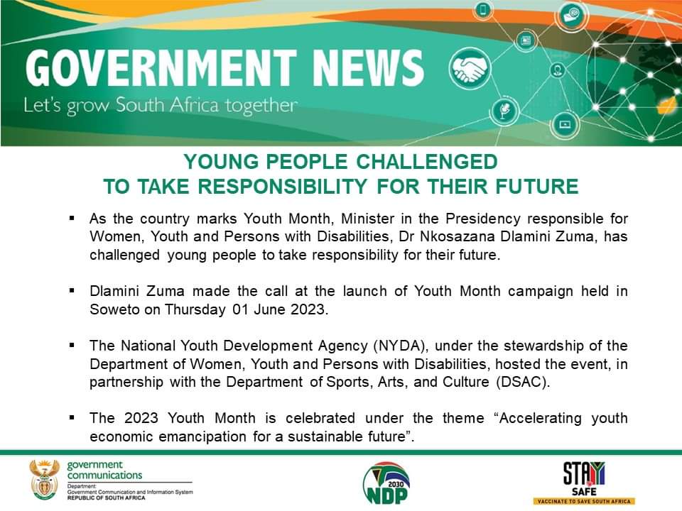 'As the country marks #YouthMonth, Minister in the Presidency responsible for Women, Youth and Persons with Disabilities, Dr Nkosazana Dlamini Zuma, has challenged young people to take responsibility for their future.'

#GovernmentNews
#LeaveNoOneBehind