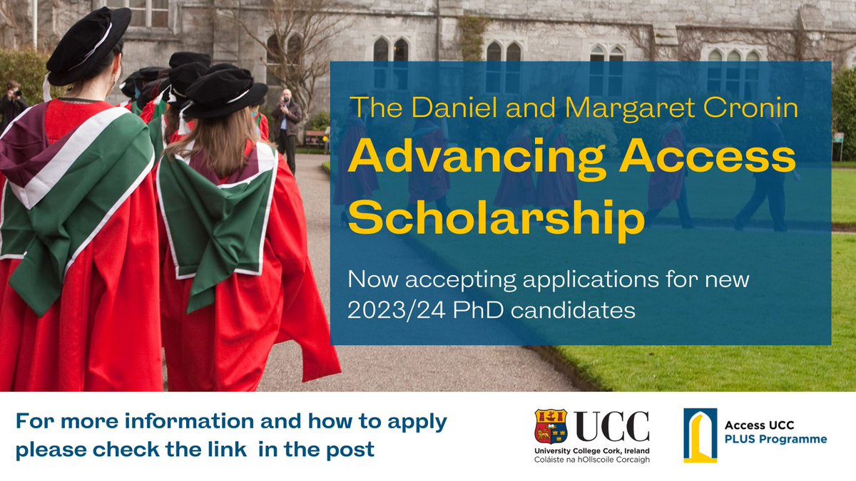 The Daniel and Margaret Cronin Advancing Access Scholarship is now accepting applications from new entrants to PhD study in 2023/24 from under-represented socio-economic backgrounds. For more information please see: ucc.ie/en/sfsa/furthe…