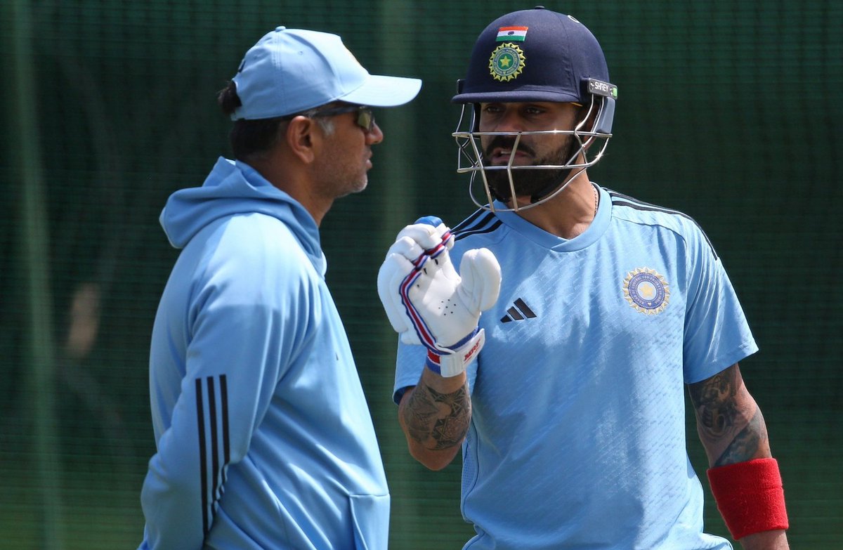 Virat Kohli with Rahul Dravid in the practice session.