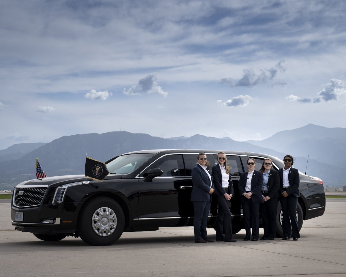 SecretService's tweet photo. In a historic first, President Biden's recent visit to the Air Force Academy in Colorado Springs was supported by an all-female transportation team. https://t.co/Mf8bFAOe4D