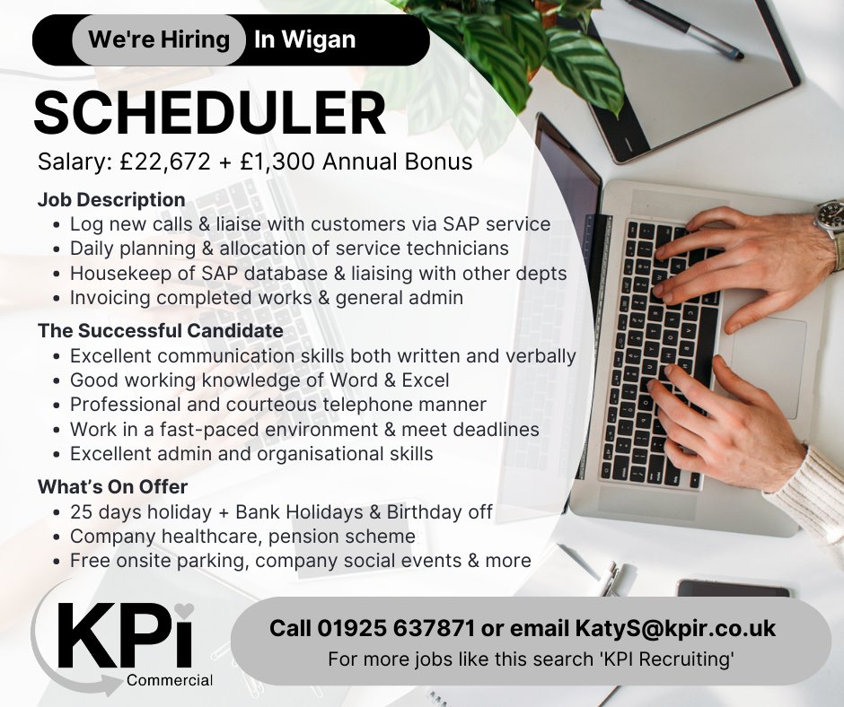 Job Vacancy: SCHEDULER, Wigan area. £22,672 + Bonus. Call Katy at KPI on 01925 637871, email KatyS@kpir.co.uk or find out more here: bit.ly/KPIscheduler #wiganjobs
