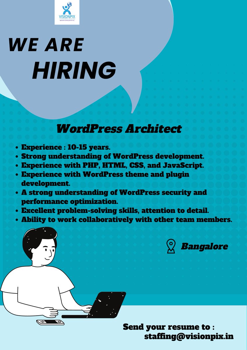 We are hiring for an top IT company.

Eligible candidates, please share your resume with staffing@visionpix.in.

#wordpress #wordpressdevelopers #wordpressdeveloper #wordpressjobs #wordpressdevelopment #staffing #hiring #bangalorejobs #itcompany #itjobs