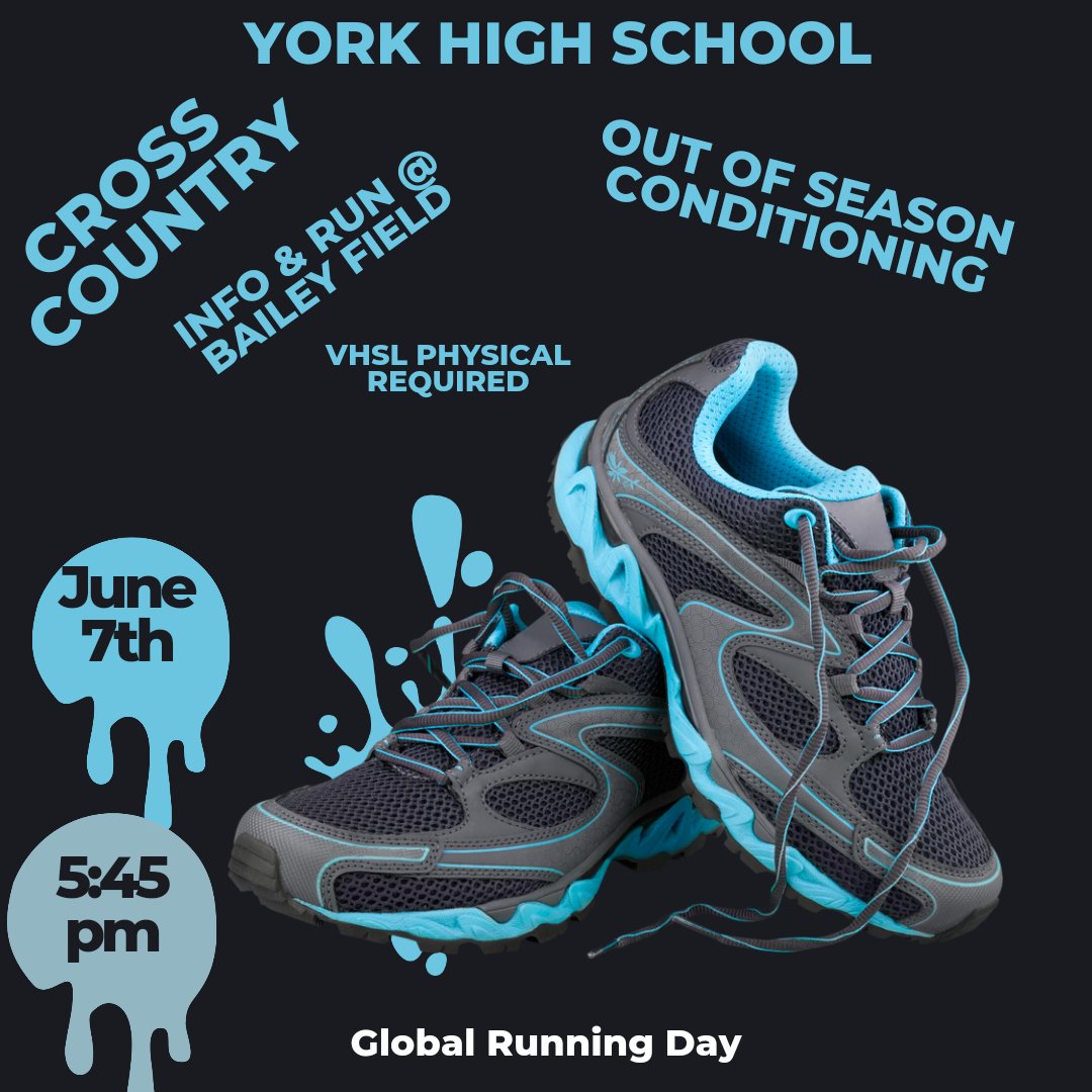 Interested in running Cross Country for fall 2023 season,  come join us for info &amp; a short run on June 7th,  Global Running Day. 
Also,  you can get your VHSL physical accomplished in York HS gym starting at 4:30 pm, $25 cash/check. <a href="/YorkFalcons/">York Falcon Sports</a> <a href="/YorkHSAD/">John Ashley</a>