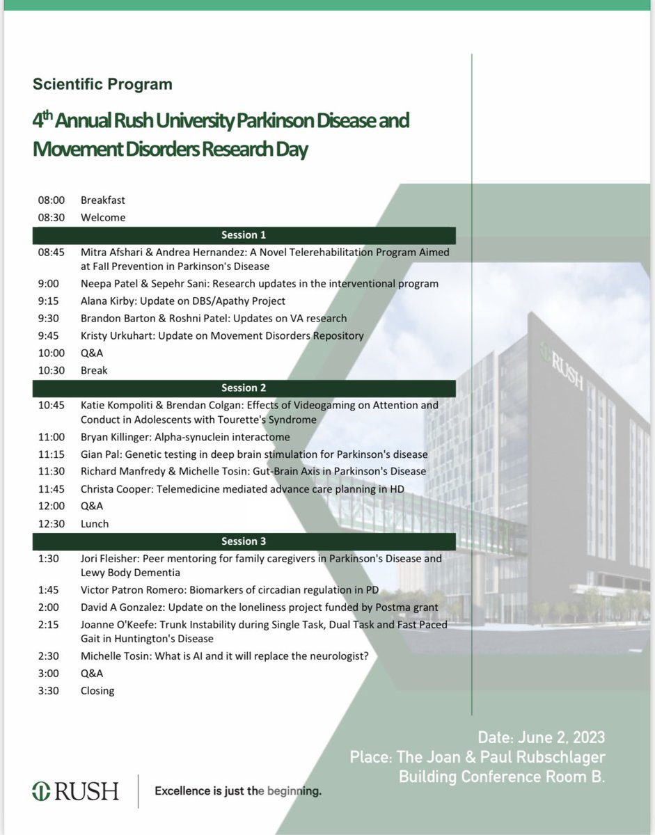 Rush Parkinson's and Movement Disorders Program (@movementrush) on Twitter photo Our Annual research day highlighting research by our faculty and collaborators is underway!
<a href="/RushMedical/">Rush University System for Health</a> <a href="/RushUniversity/">Rush University</a> <a href="/rushumedcollege/">RUSH Medical College</a> #Neurotwitter Our Annual research day highlighting research by our faculty and collaborators is underway!
<a href="/RushMedical/">Rush University System for Health</a> <a href="/RushUniversity/">Rush University</a> <a href="/rushumedcollege/">RUSH Medical College</a> #Neurotwitter