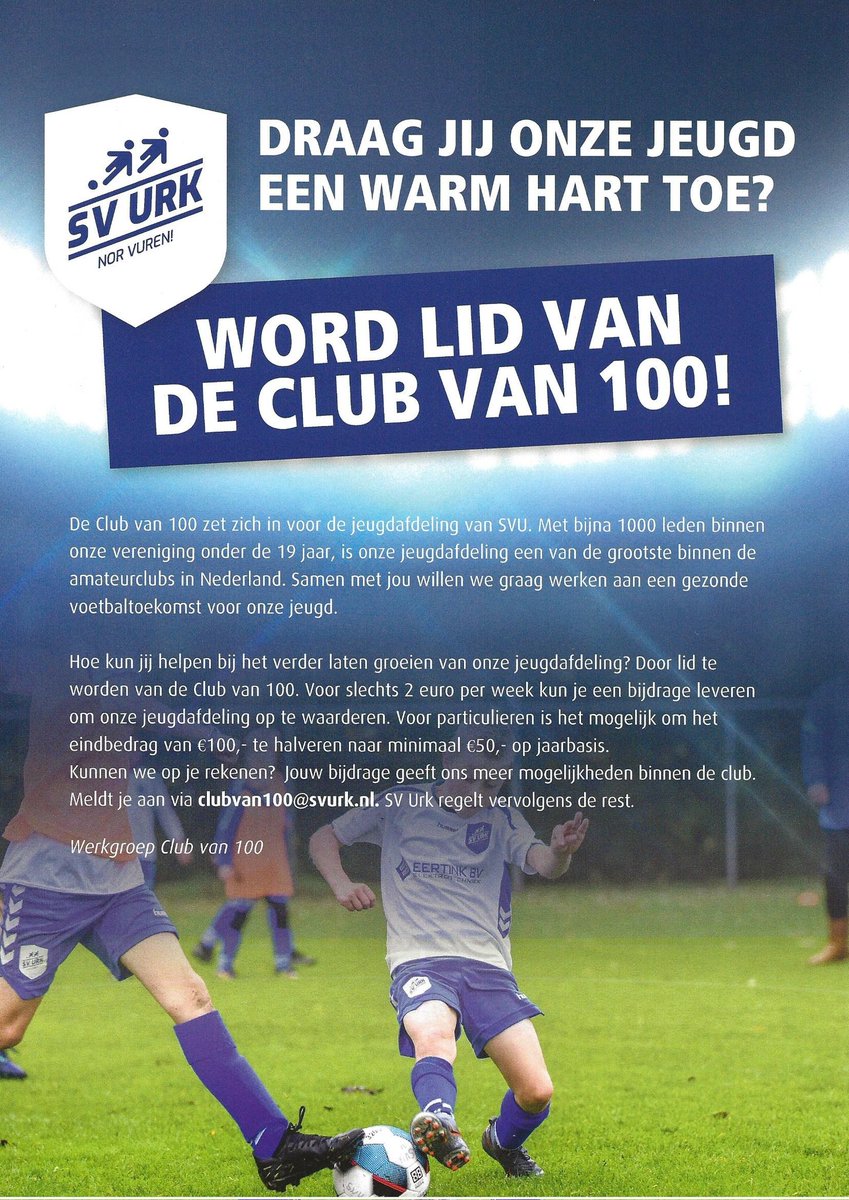 Op 1 juni is de nieuwe "Club van 100" van start gegaan, gericht op het jeugdvoetbal SV Urk. Geïnteresseerd? Stuur een berichtje naar clubvan100@svurk.nl.