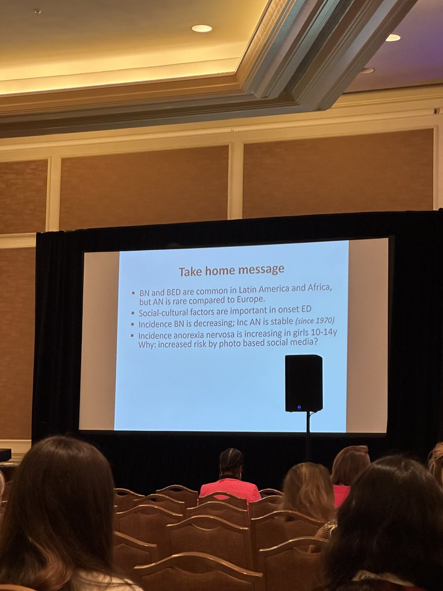 Fascinating talk this morning by Dr. Hans Hoek. EDs are absolutely influenced by what society teaches white women, in particular, to value, and this is especially affecting our adolescents who are exposed to these values the most through social media. #ICED2023