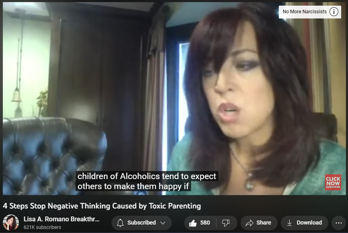 5,857 views  24 May 2023  Fawning Response; Codependency Recovery
#negativethinking #toxicfamily #dysfunctionalfamily In this short video, you will learn 4 steps to help you stop negative thinking caused by toxic parenting. If you were raised by a toxic, dysfunctional parent who saw the world through the lens of a victim, it is very possible you have absorbed those types of thought patterns. The good news is, you can overcome negative thinking by becoming aware of your thought patterns as opposed to remaining unaware of what your negative thoughts might be. 

Your history does not have to become your destiny. You can reprogram your subconscious mind and overcome negative thought patterns created in childhood by way of being raised by toxic parents. 

Adult children of alcoholics and children of narcissistic parents, need to confront their thought patterns on the road to healing from codependency and overcoming the long lasting effects of childhood emotional neglect.