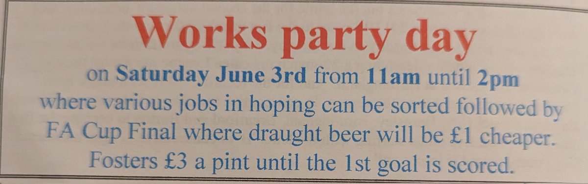 We are looking for volunteers to help with our end of season tidy up.
Club house will be open from 2pm for the cup final, with a special deal on Fosters 🐊