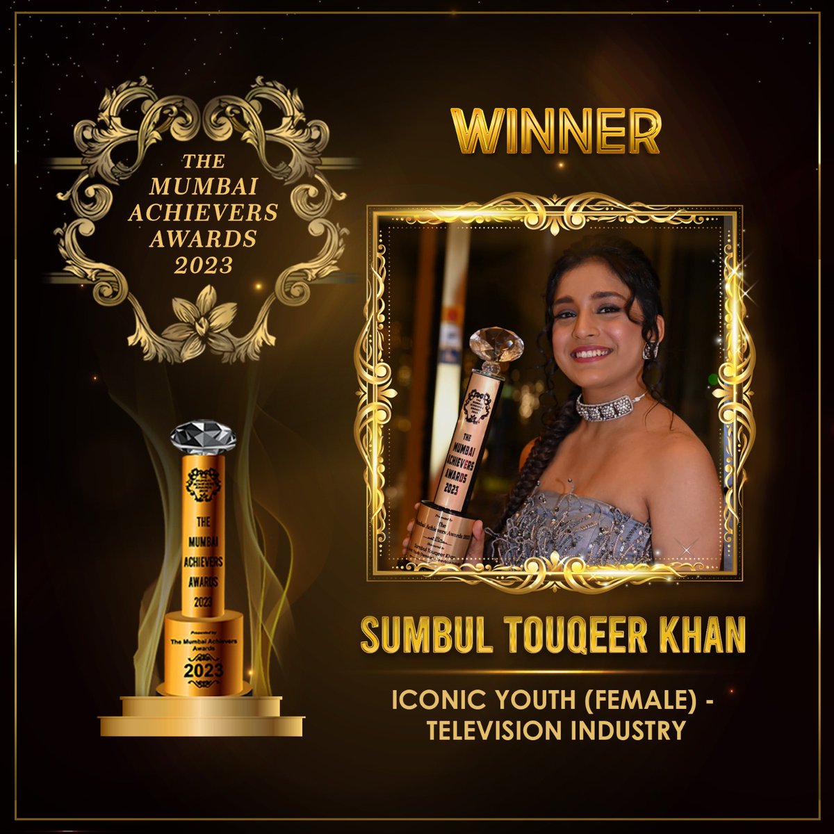 The MUMBAI ACHIEVERS AWARDS 2023
Congratulations to <a href="/TouqeerSumbul/">Sumbul Touqeer</a>
@TeamSumbulFc007 
"Mumbai Achievers Awards" congratulate you for winning the prestigious award in the respective category -"Iconic Youth Actress Television Industry"
Wish you the best for ur future endeavours!