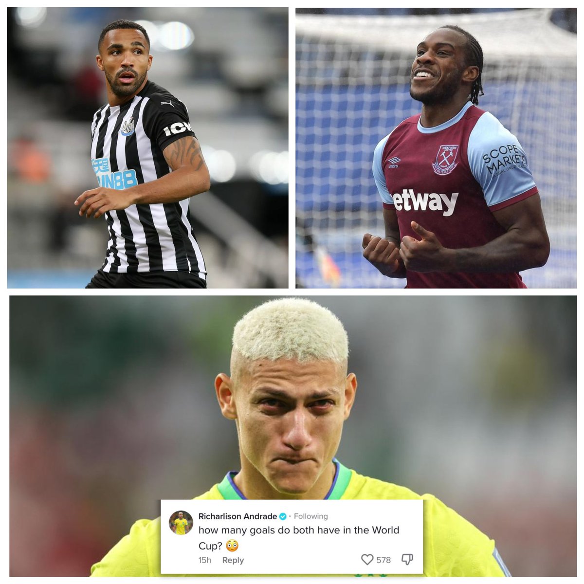 Fandangoapp's tweet photo. 🗣️ Michail Antonio: "Richarlison has scored 4 times this season, 3 times he's been offside &amp; taken his top off 4 times."

🗣️ Callum Wilson: "He's got 4 yellows, he's almost on a suspension!"

Richarlison has hit back!  🫣
-
#Richarlison https://t.co/2PivYSpilE