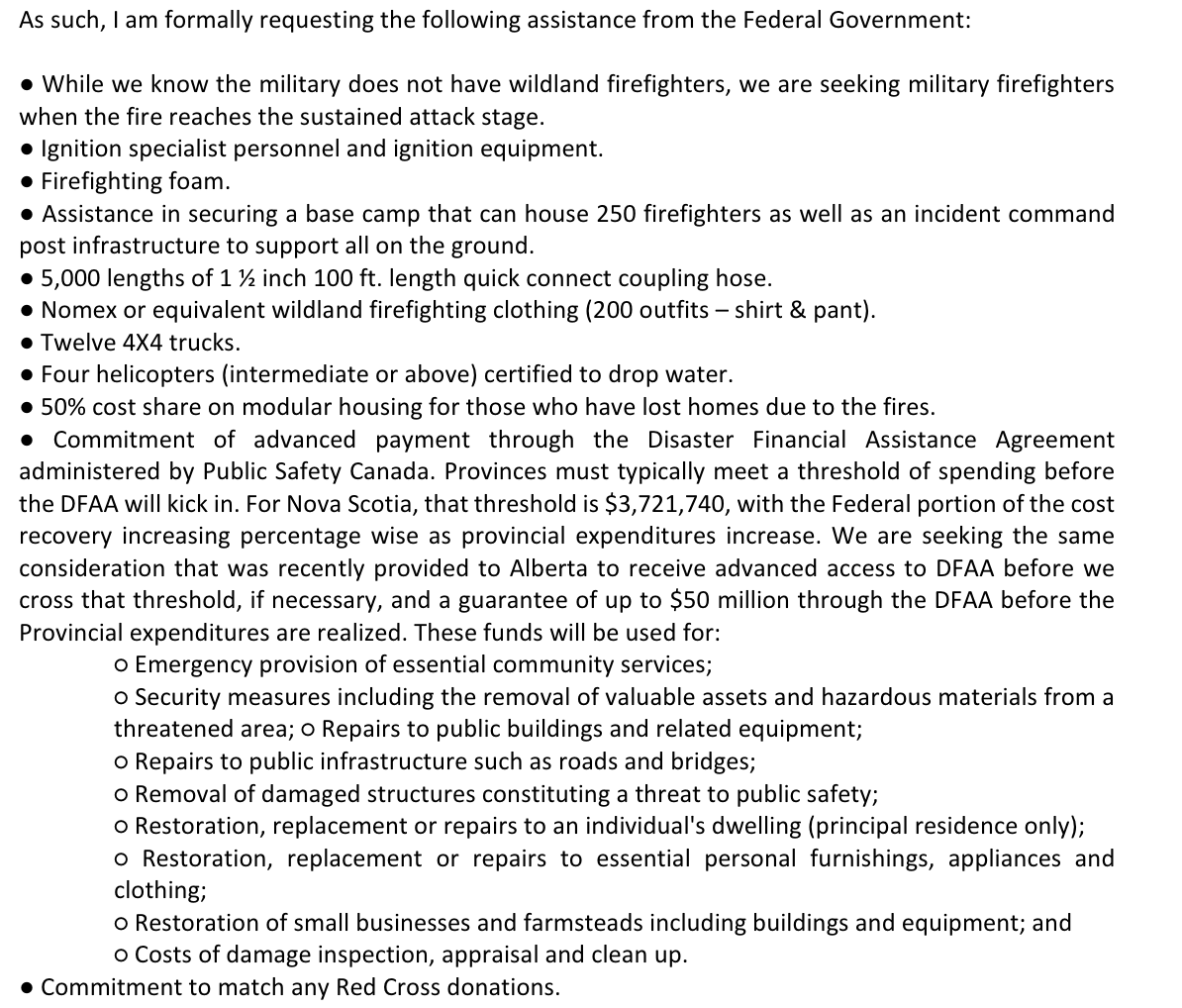 HRMFireNews's tweet photo. Not sure if this has been reported elsewhere, but in a letter from the Premier to the Prime Minister, Nova Scotia has formally requested the following resources from the Federal Government. https://t.co/eGnZMmu1oA