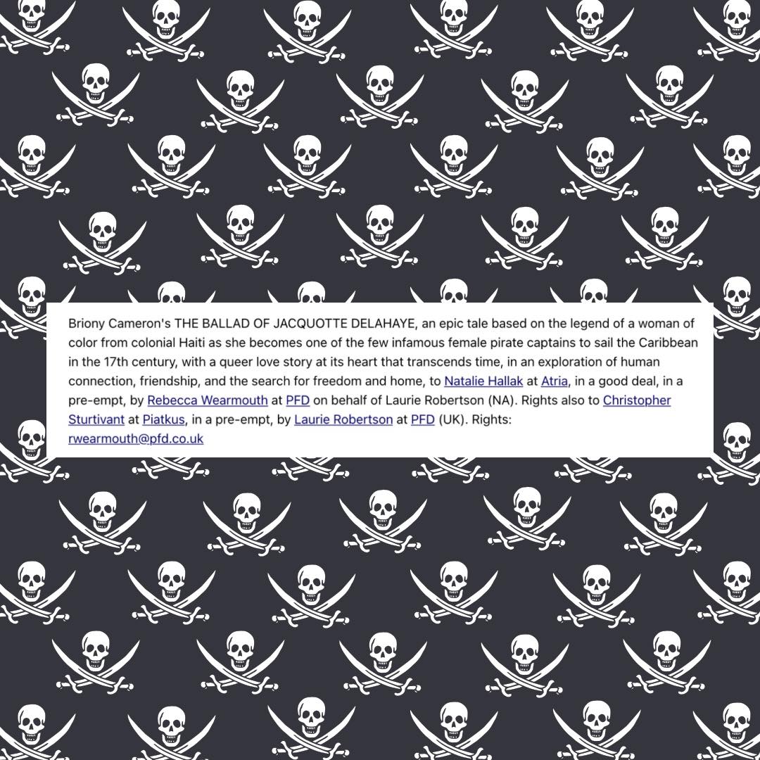 ✨I'M GOING TO BE A PUBLISHED AUTHOR!✨
My debut centres a queer biracial woman in the colonial West Indies and her journey from shipwright to pirate captain. If you love women, pirates, swashbuckling, found family, female rage and tender-hearted men, then I have a book for you!