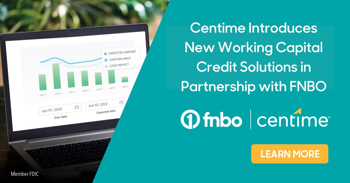 We are proud to announce that we are partnering with @centimeinc to deliver a new set of products that provide businesses with access to convenient, cost-effective credit. Learn more at: bit.ly/3qh0eJ4 #cashmanagement #workingcapital #liquidity