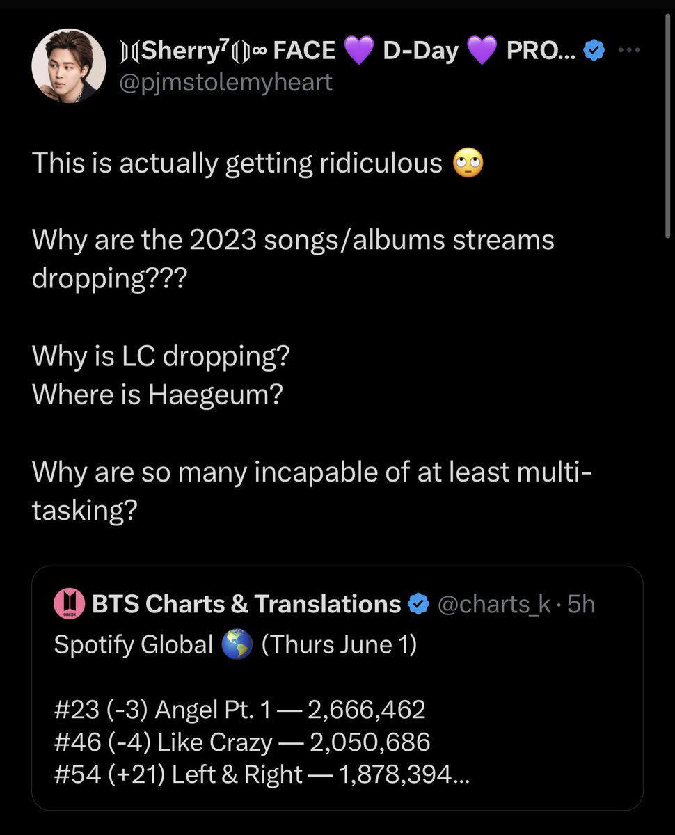 LOL 😂 ms sherry aka pjmstolemyheart is pissed 😭 Where was this energy when The Planet and Haegeum left the charts? She didn’t give a fvck about the other members but now she’s throwing tantrums. And all the jm solos siding with her because she’s one of them 😭