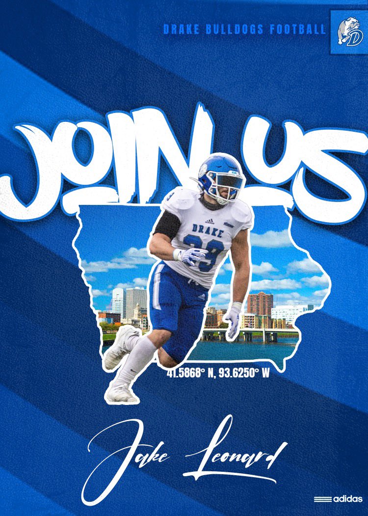 Jake Leonard (@jake_leonard11) on Twitter photo After a great camp and conversation with <a href="/CoachJax42/">Jax Ostroski</a> I am blessed to receive an offer from <a href="/DrakeBulldogsFB/">Drake Football</a>!
<a href="/tstepsis/">Todd Stepsis</a> @2CoachG1 After a great camp and conversation with <a href="/CoachJax42/">Jax Ostroski</a> I am blessed to receive an offer from <a href="/DrakeBulldogsFB/">Drake Football</a>!
<a href="/tstepsis/">Todd Stepsis</a> @2CoachG1