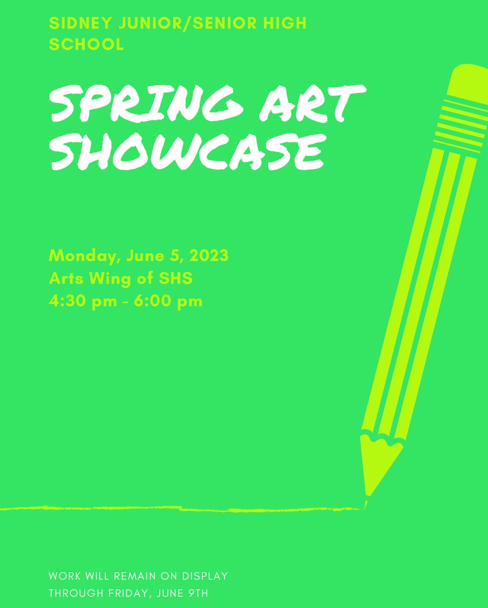 REMINDER: The Sidney Jr/Sr High School Spring Art Showcase will be held from 4:30-6 p.m. Monday, June 5 in the arts wing. Artwork will remain on display through June 9.

#SidneyCSD #SidneyPride