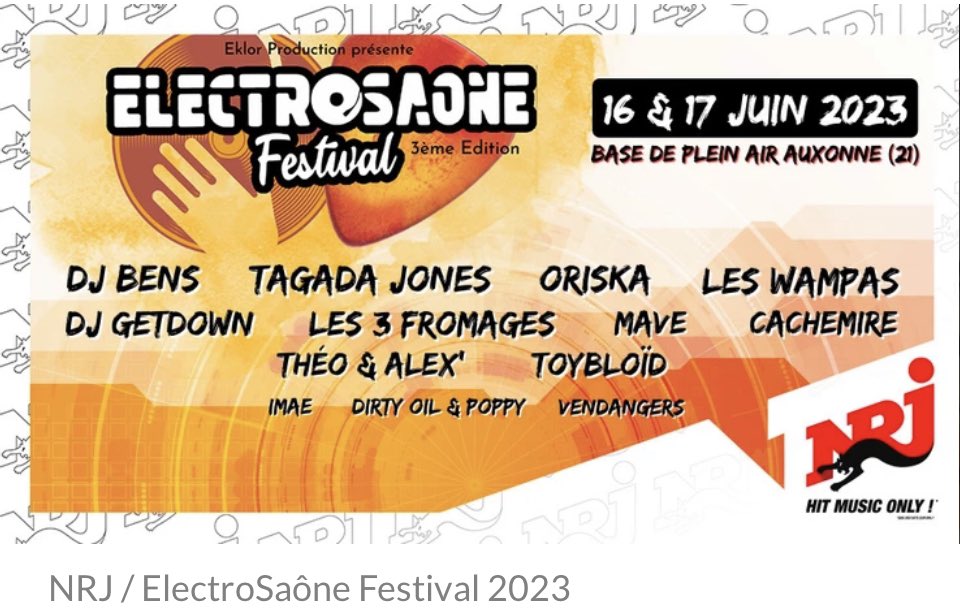 L’ElectroSaone Officiel les 16 et 17 juin à #Auxonne avec #NRJ 🥳
Réservations 👉 urlz.fr/k1N2