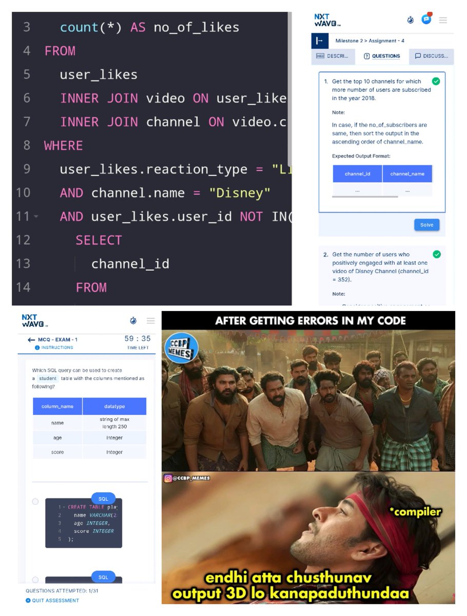 chandukuruvaa's tweet image. Hello Folks 🙋
I had completed the Milestone 2 > Assignment - 4 & MCQ - EXAM - 1 in SQL 👨🏻💻
Thanks to @rahulattuluri Sir, @sashankreddy07 Sir, @girishakash13 Sir, @avinashdara Sir & @nxtwave_tech
#makejunegreen #1hourofcode #codingpractices #coding #assignment #ccbpacademy 💚