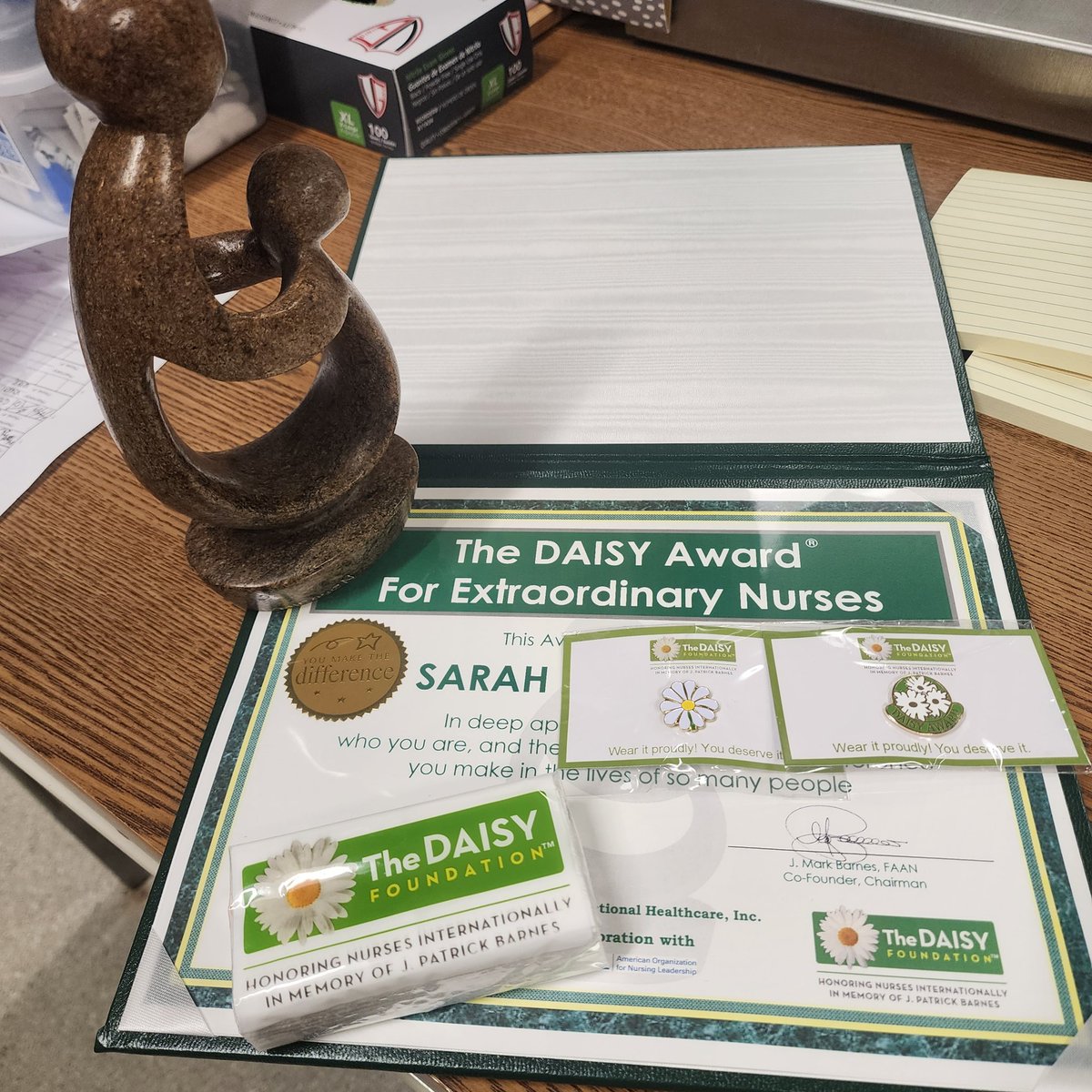 Did you know the DAISY Award comes with tissues bc the winner will definitely cry? 

Ask me how I know! 

Omg I'm so damn shocked yall. Like Holy shit, I cannot believe I was even nominated, much less won. 

#correctionsnurse
#NurseTwitter 
#nurselife
#daisyaward