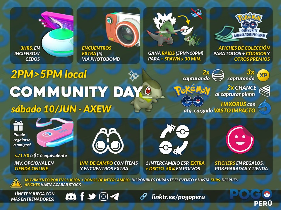 PoGoPeru's tweet photo. El sáb. 10/JUN tenemos el #CommunityDay de #Axew! Si no lo tienes en shiny ✨️, o si buscas uno bueno, esta será tu mejor oportunidad! Te recordamos todas las características que trae este evento. https://t.co/KxPswVhPmW