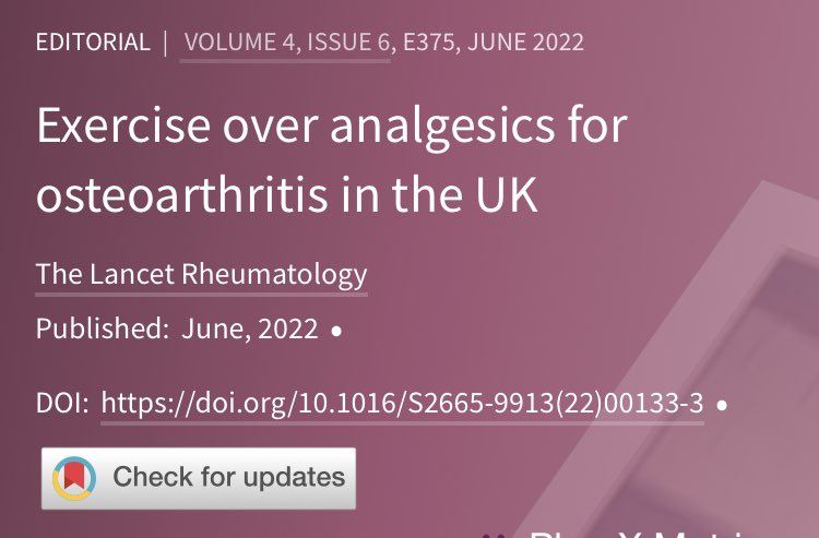 Exercise over analgesic for people with #osteoarthritis 

Researchers, clinicians and patients agree that this is the way forward.

This is why 👇

🧵Thread

Ref: thelancet.com/journals/lanrh…