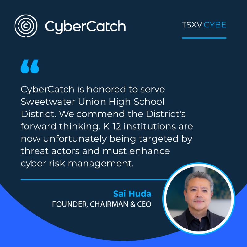 CyberCatch_CYBE's tweet photo. Sweetwater Union High School District chooses CyberCatch's AI-powered #cybersecurity solution for #cyberdefence.

By leveraging the power of AI, $CYBE's state-of-the-art technology enables compliance in 2-weeks or less and continuous cyber #riskmitigation. Read more: