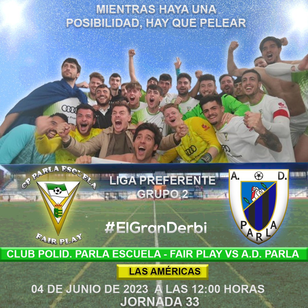 Parla Escuela-Fair Play (@parlaescuela) on Twitter photo Mientras haya una posibilidad...hay que pelear ✨✨
La Escuela afronta una auténtica final este domingo en #ElGranDerbi para luchar por el sueño del ascenso 🙌
Ellos creen
Nosotros creemos
Vamos Escuela!!🤍💚
⏰ Domingo 12:00
🆚 <a href="/adparla/">Agrupación Deportiva Parla</a>
🏟️ Las Américas
#SoydelaEscuela 💚💚 Mientras haya una posibilidad...hay que pelear ✨✨
La Escuela afronta una auténtica final este domingo en #ElGranDerbi para luchar por el sueño del ascenso 🙌
Ellos creen
Nosotros creemos
Vamos Escuela!!🤍💚
⏰ Domingo 12:00
🆚 <a href="/adparla/">Agrupación Deportiva Parla</a>
🏟️ Las Américas
#SoydelaEscuela 💚💚