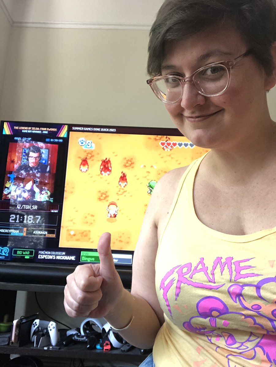 Rocking my Frame Fatales gear for a busy day full of watching #SGDQ2023.