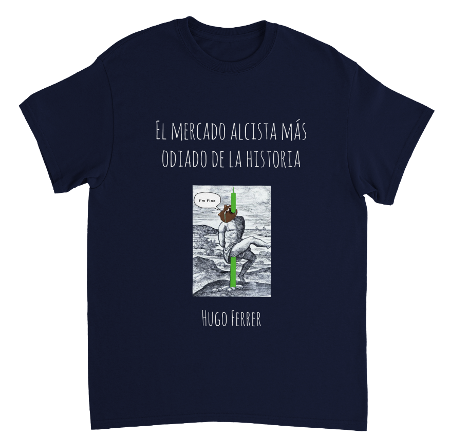 ¡¡Dicho y hecho!!, presento la camiseta "El Mercado Alcista Más Odiado de la Historia".

El 100% de los beneficios irán a un banco de alimentos de Lanzarote. Iré informando de las ventas y del día que hacemos entrega de la cantidad al banco. Se puede comprar aquí