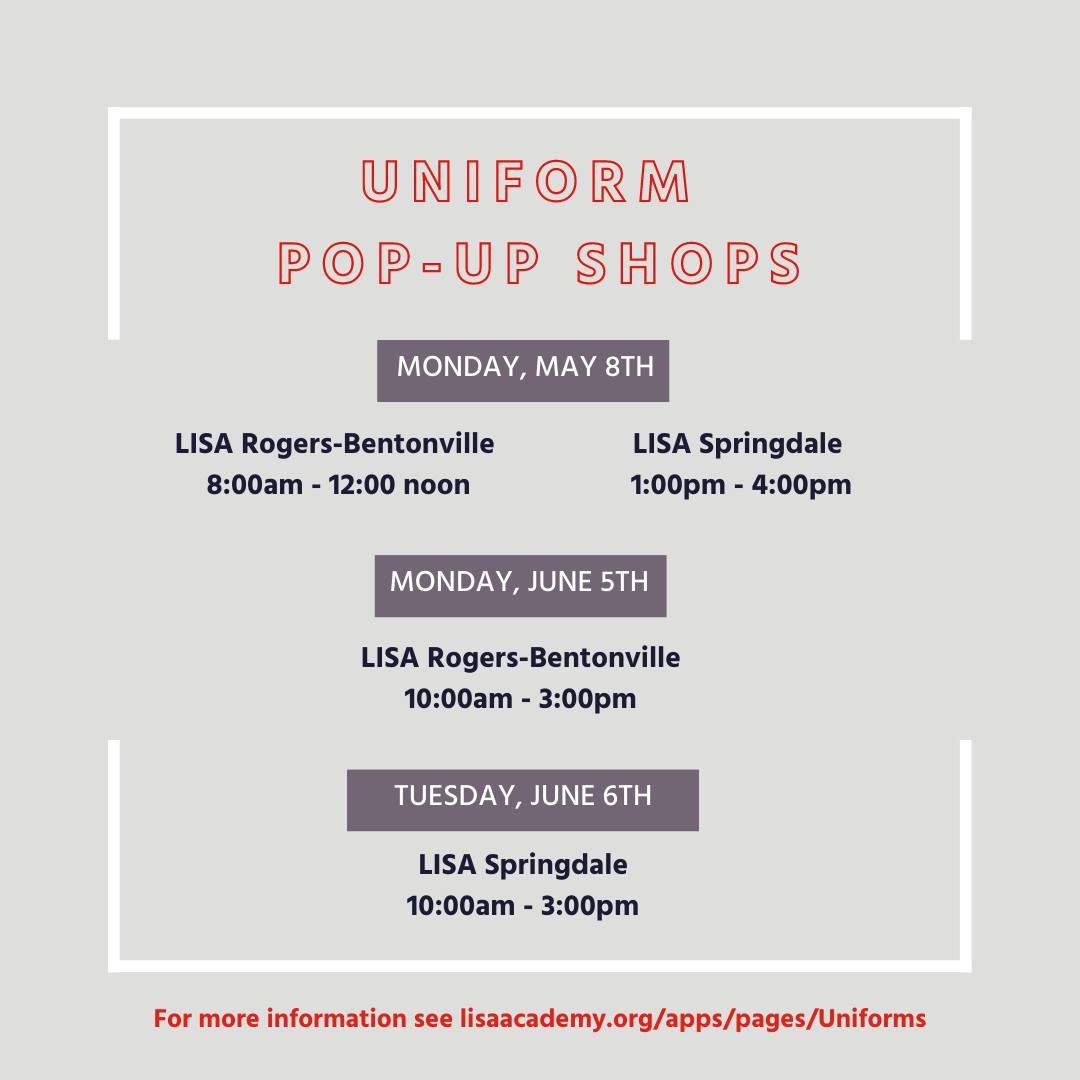 Lisa_RBV's tweet photo. 🎗️Reminder! 

Uniform Pop Up Shops are on June 5th and 6th!
LISA Academy and our uniform partner company, @TheToggery, will host pop-up shops at our NWA campuses! Student uniforms will be available for order. https://t.co/6vPZx7tl7u