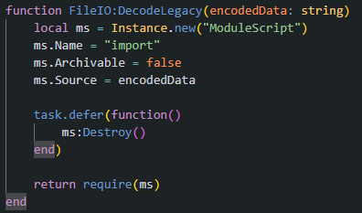 Here's a fun use-case for `task.defer`. I want to load arbitrary 'data' as a ModuleScript (from a user selecting a file via plugin). I want the ModuleScript to destroy itself after loading, but loading could throw an error! So I use `task.defer` to ensure cleanup after loading.