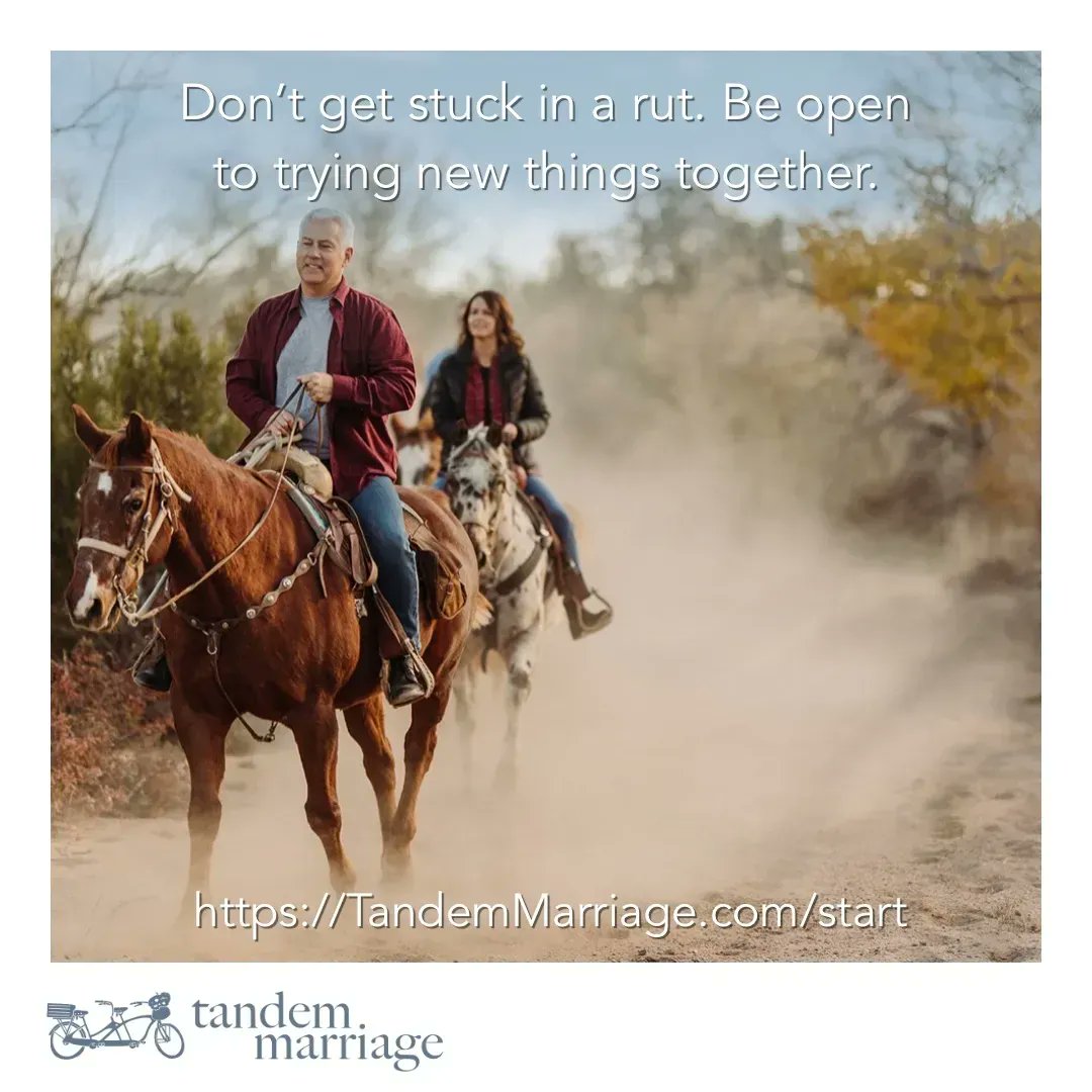 Don’t get stuck in a rut. Be open to trying new things together.
 
Learn how to have healthy conversations together where each spouse feels heard and understood. This will set you both up to get the most out of new experiences.
 
TandemMarriage.com/start
 
#MarriageGoals #TeamUs