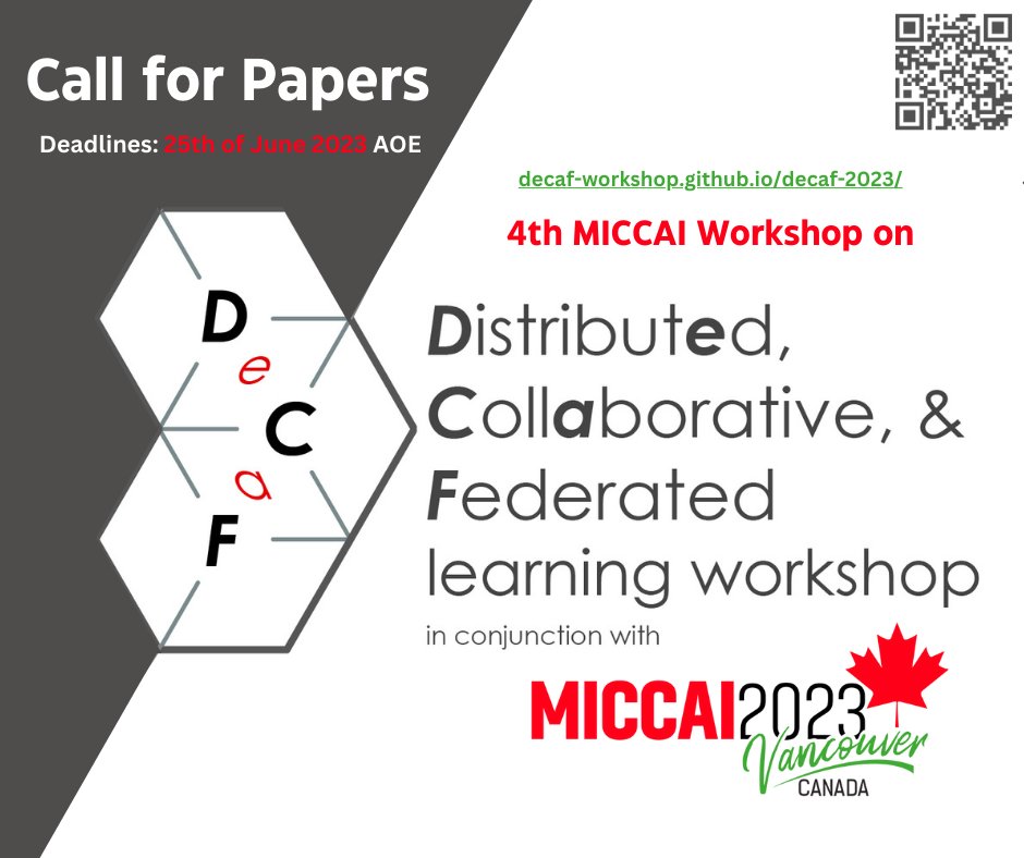 We are glad to announce that the 4rd #MICCAI workshop on distributed, collaborative and federated learning (DeCaF) are here! More info: decaf-workshop.github.io/decaf-2023. Submit your work and join us!