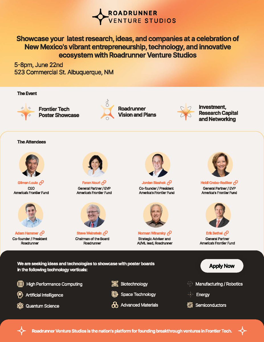 Show off your latest tech or tech idea at the upcoming Roadrunner Venture Studios Showcase. Types of tech: Space, HPC, AI, Quantum Science, Biotech, Advanced Materials, Manufacturing/Robotics, Energy and Semiconductors.

Register by EOD June 9th at roadrunnerstudios.com/proposals/.